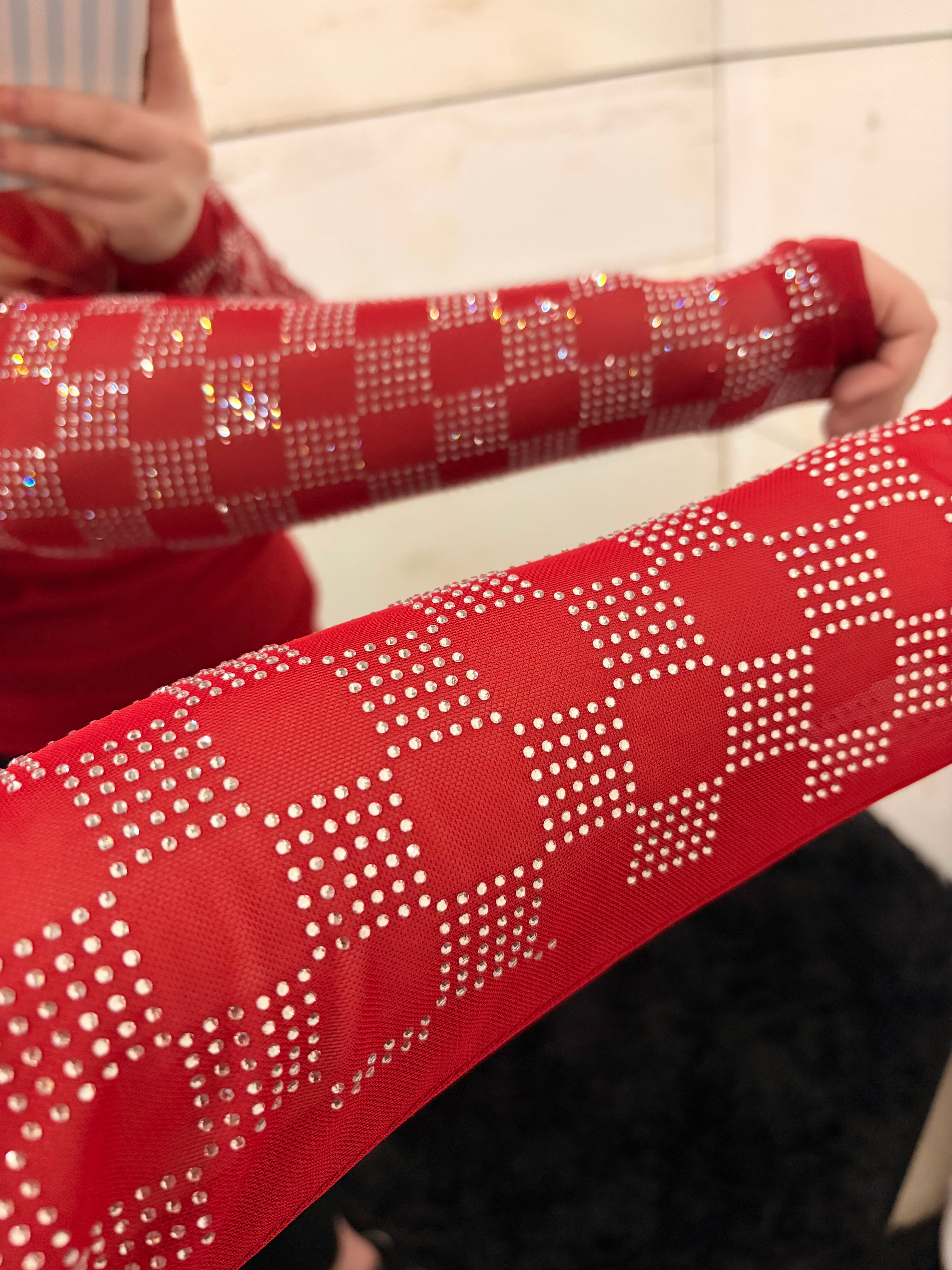 Red Rhinestone Mesh Top