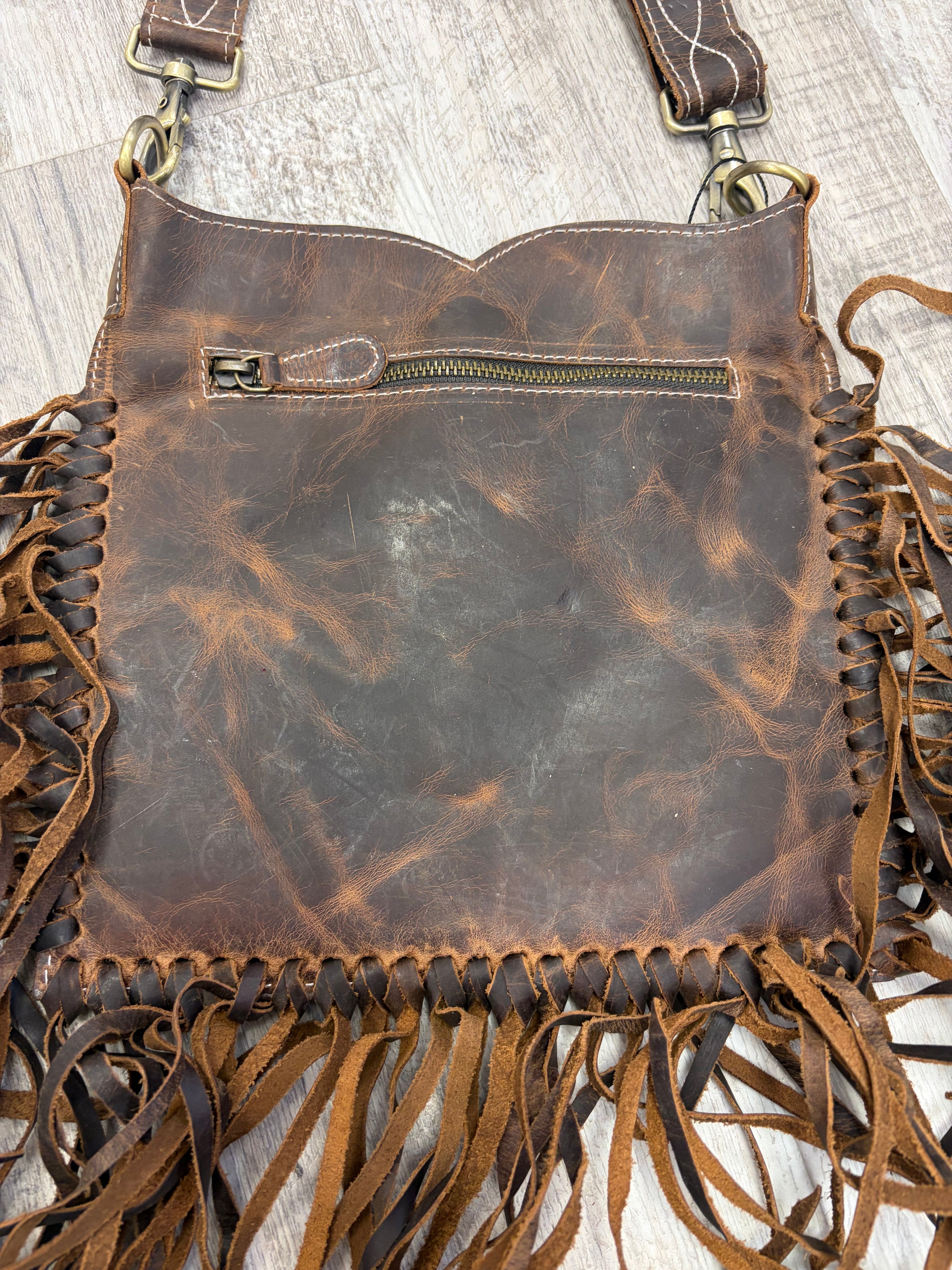 Genuine Leather Fringe Detail Crossbody Purse