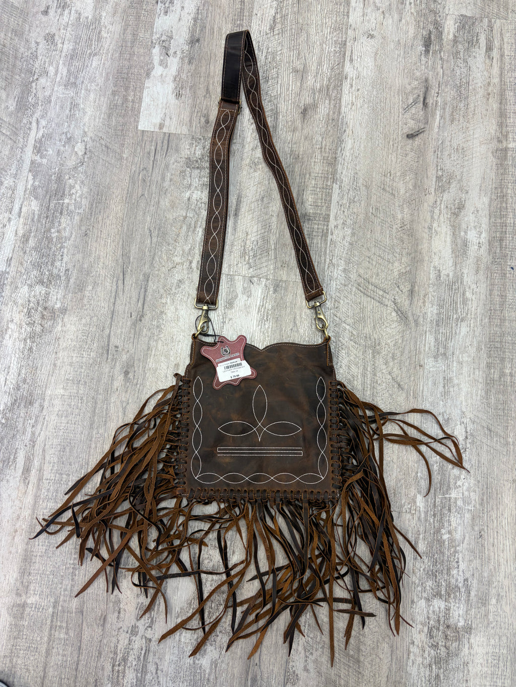 Genuine Leather Fringe Detail Crossbody Purse