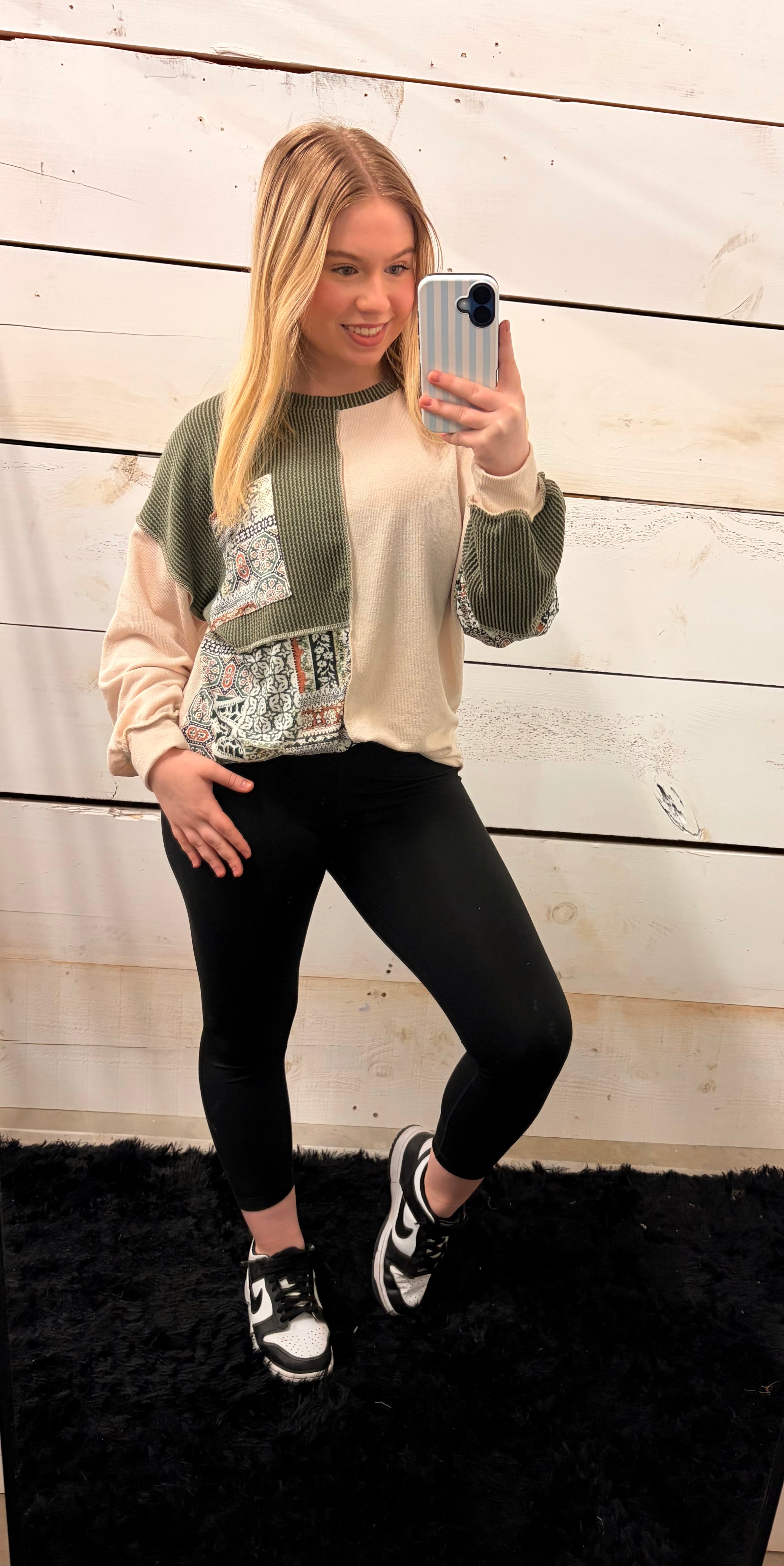 Olive Colorblock Long Sleeve Top - Modern & Stylish