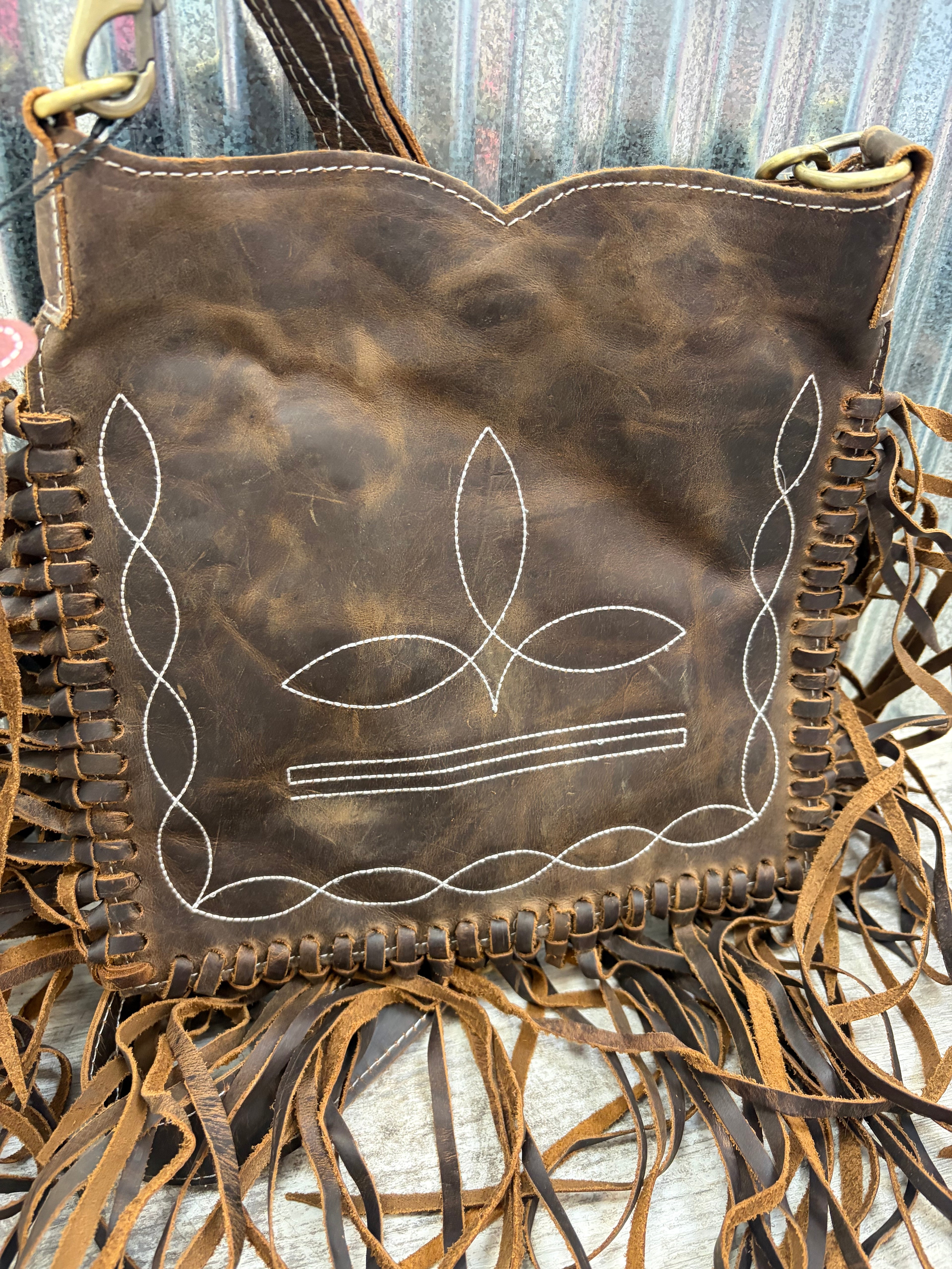 Genuine Leather Fringe Detail Crossbody Purse