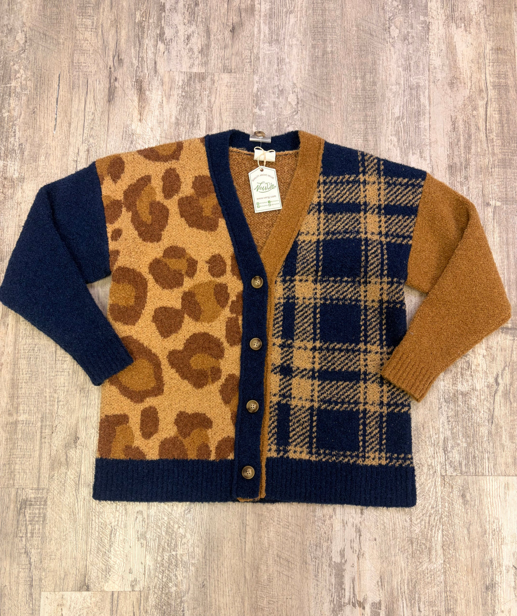 Patchwork Print Cozy Knit Button Cardigan