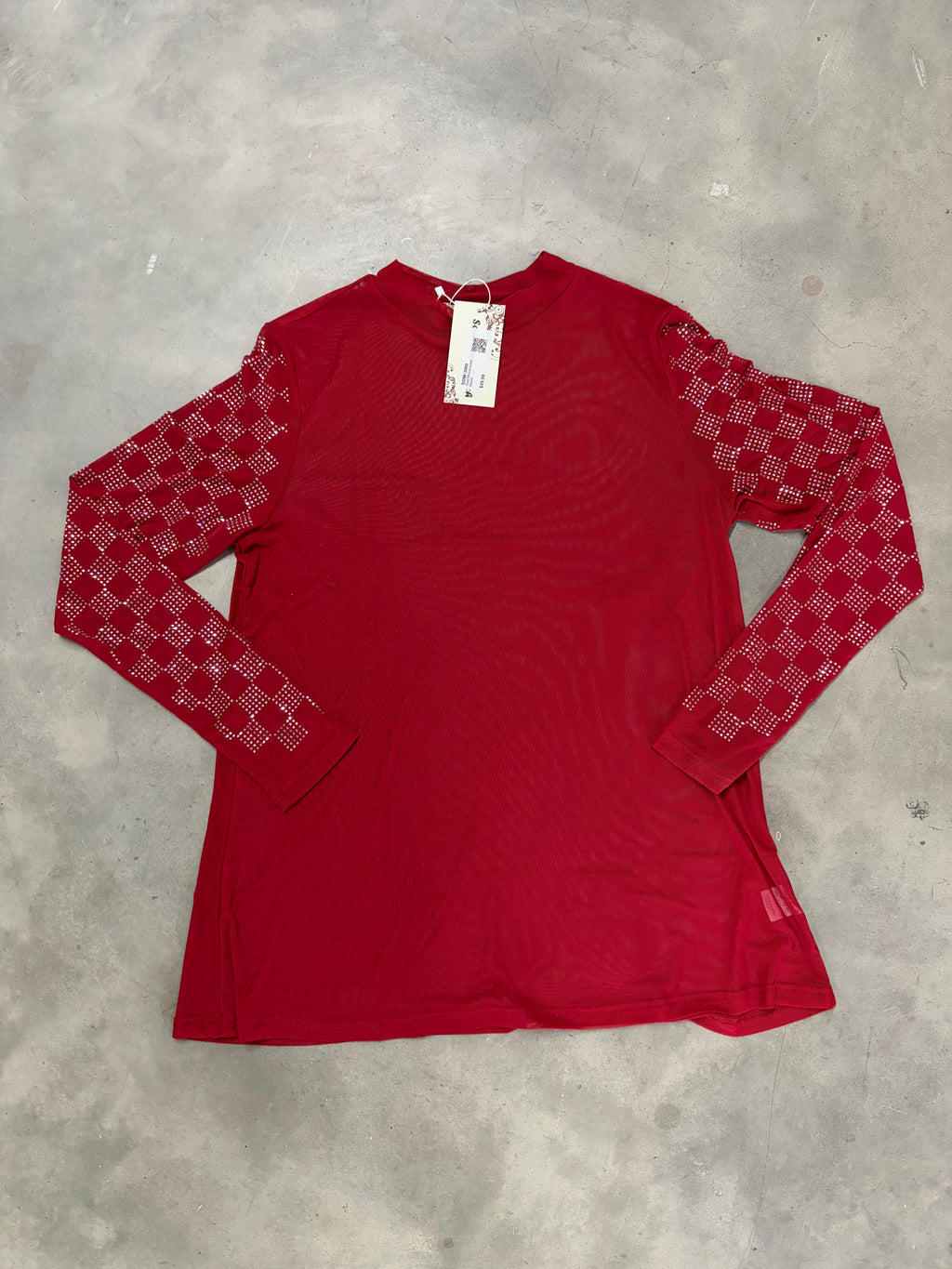 Red Rhinestone Mesh Top