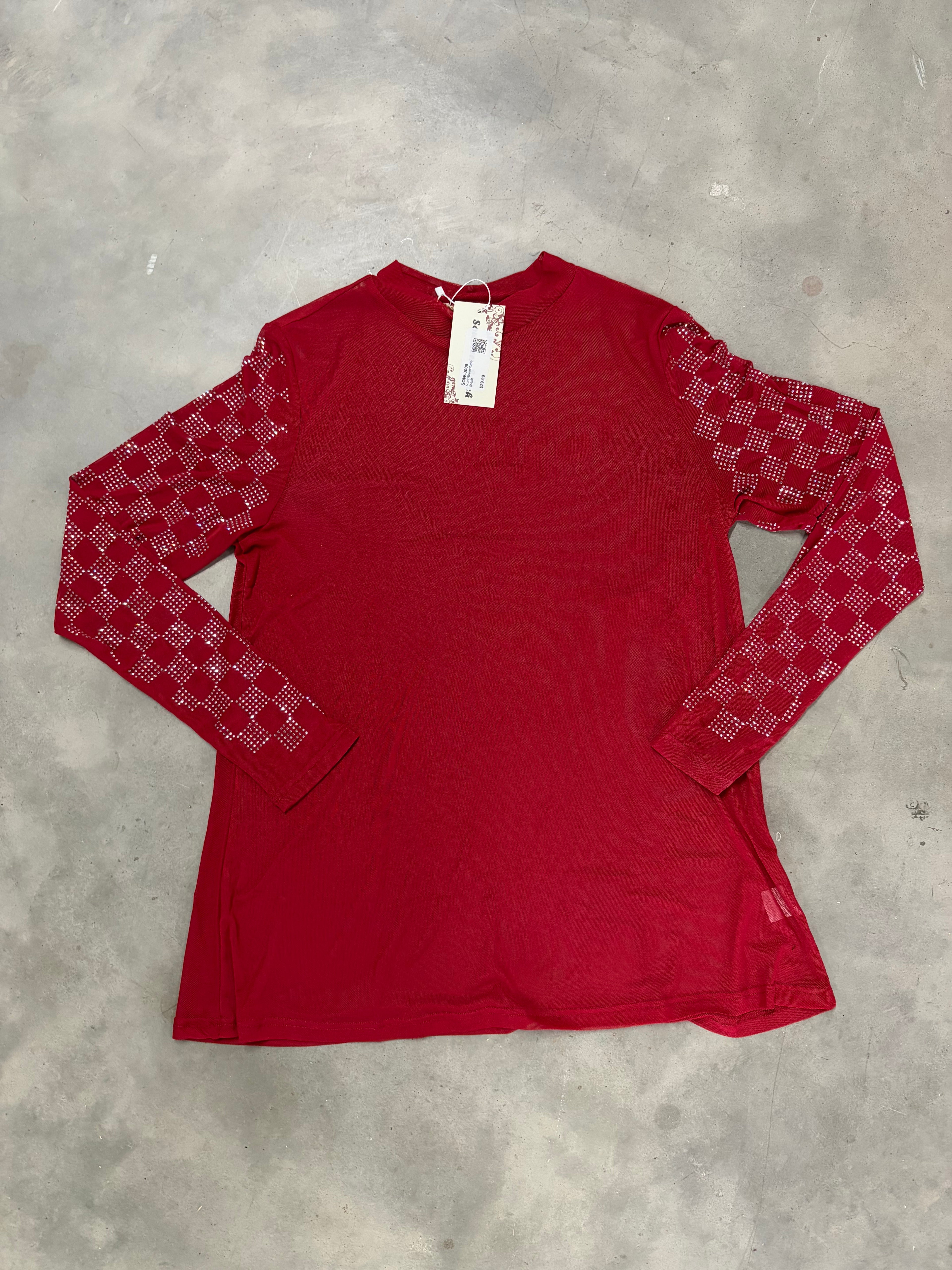 Red Rhinestone Mesh Top
