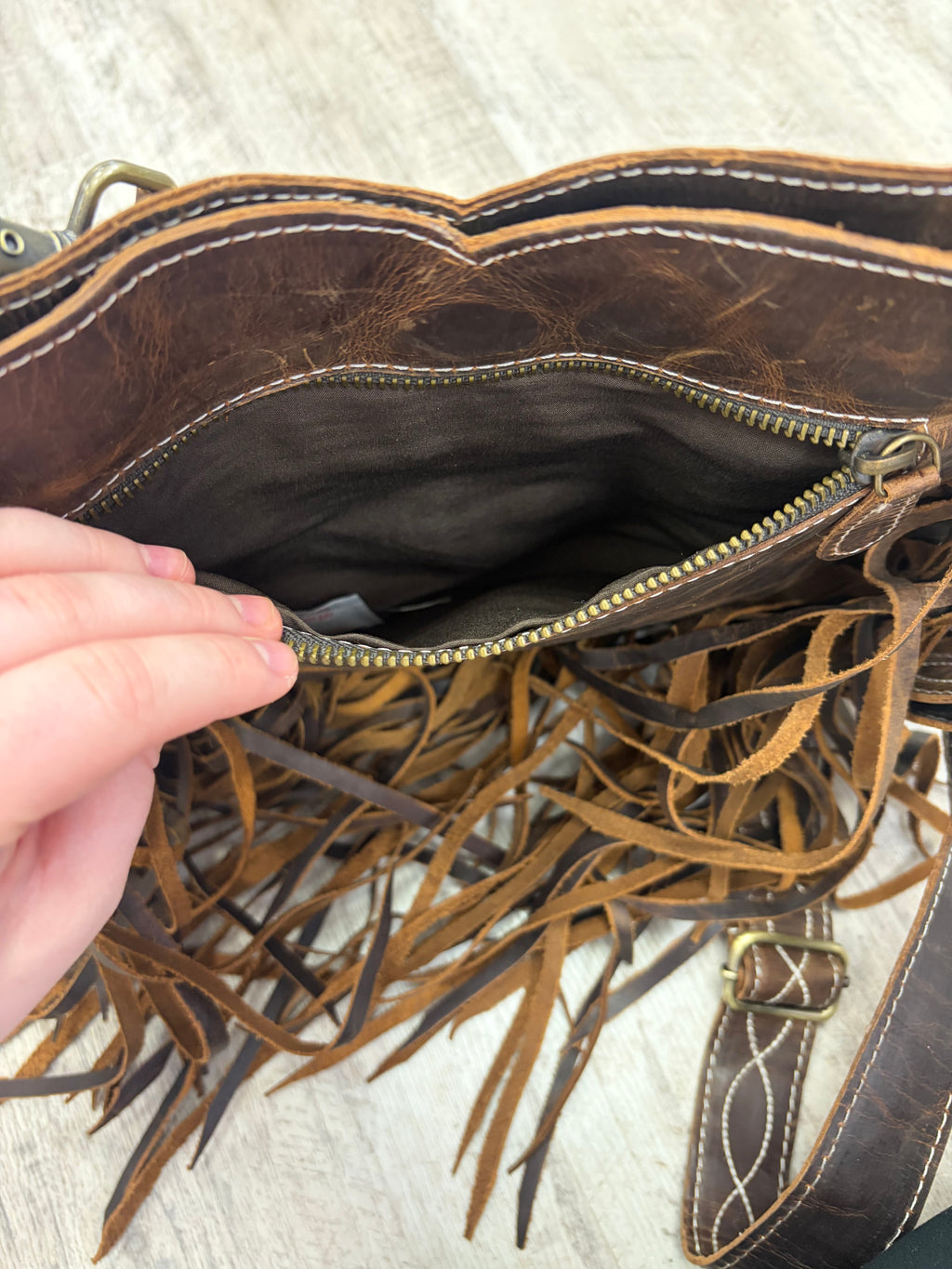 Genuine Leather Fringe Detail Crossbody Purse