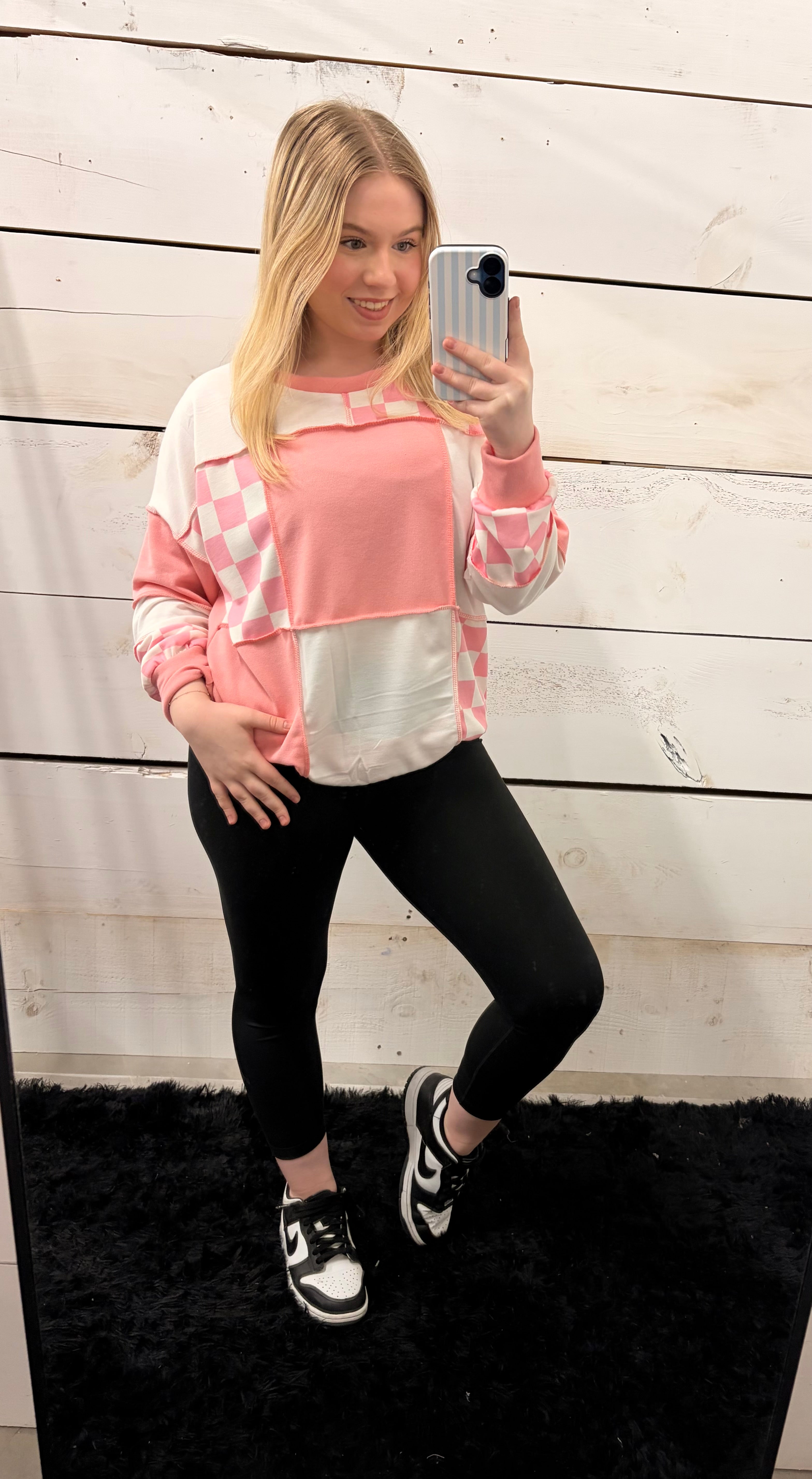 Pink Checkered Patchwork Long Sleeve - Playful & Unique