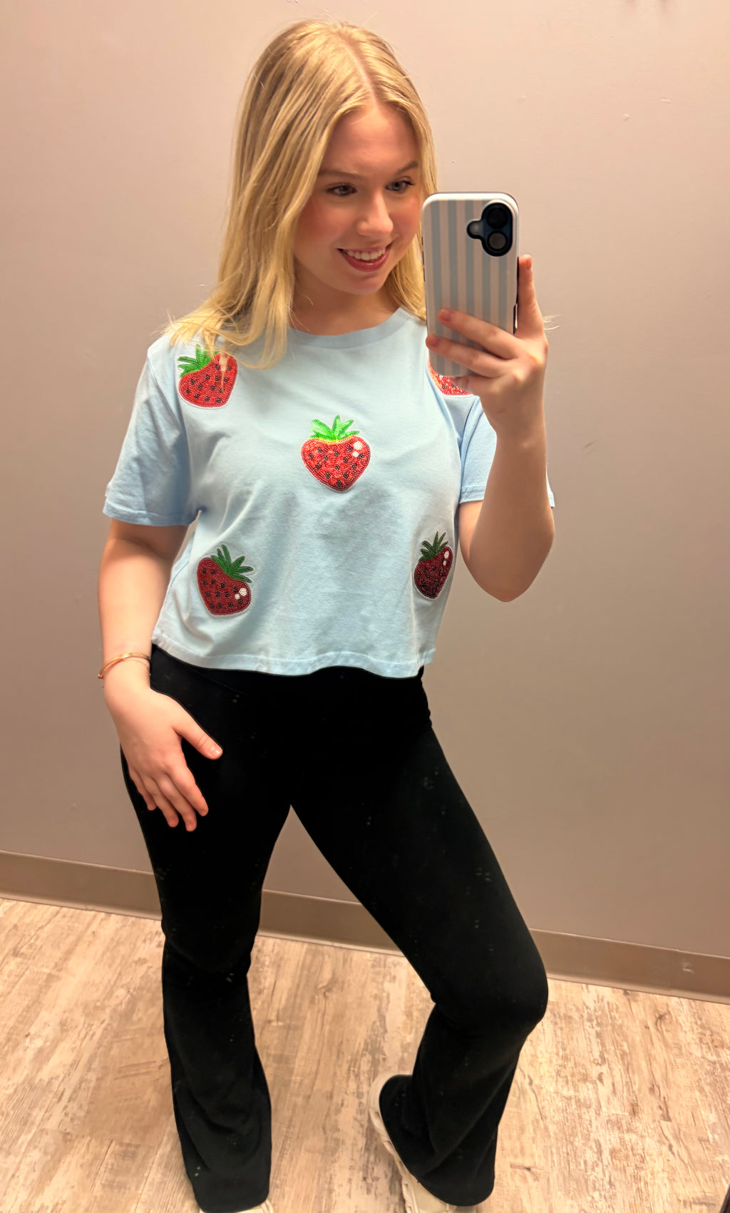 Sparkly Strawberry Light Blue Cropped Tee