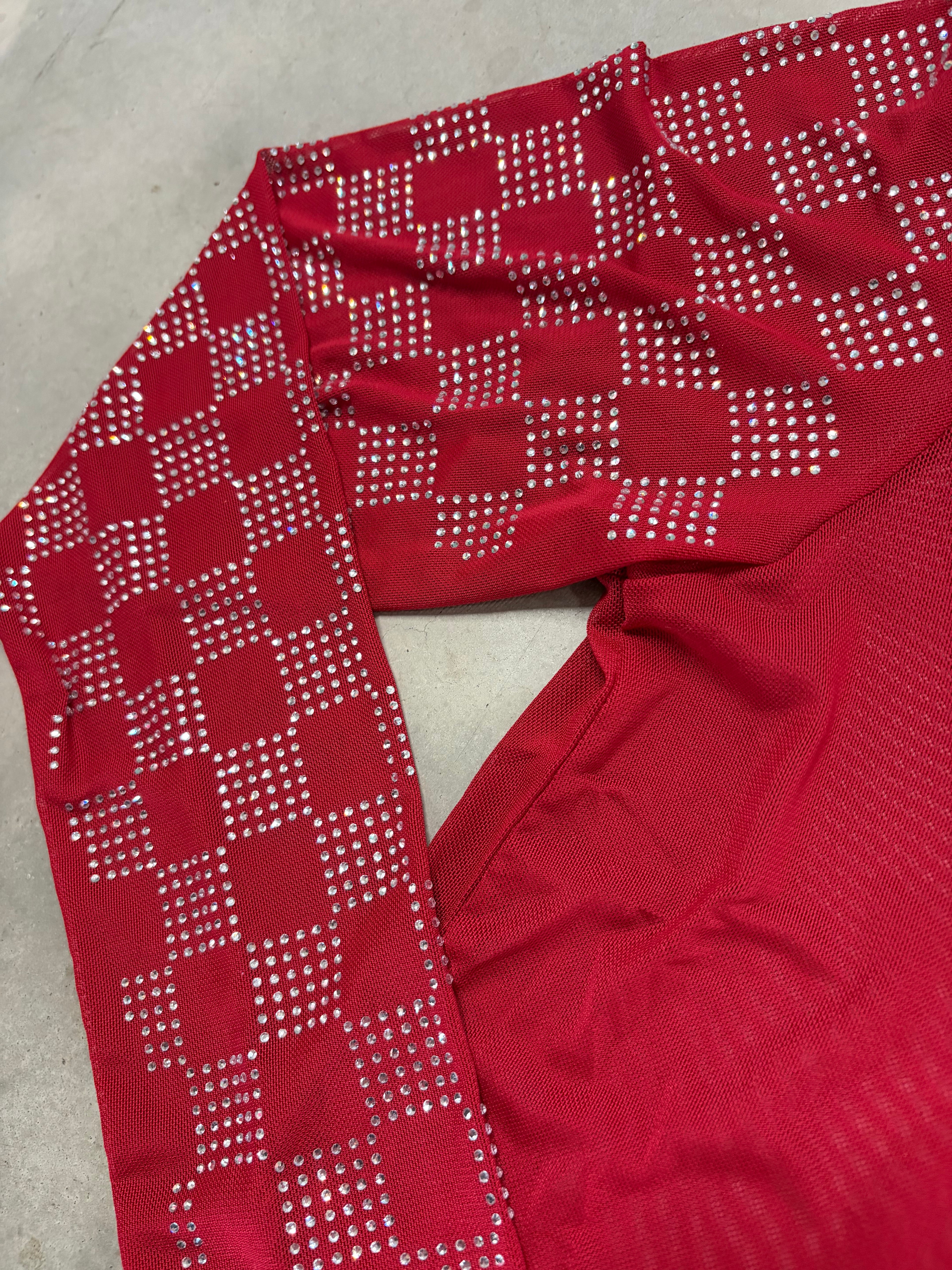Red Rhinestone Mesh Top