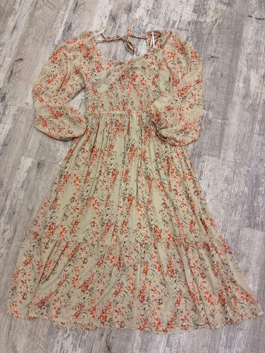 Golden Petal Smocked Floral Midi Dress
