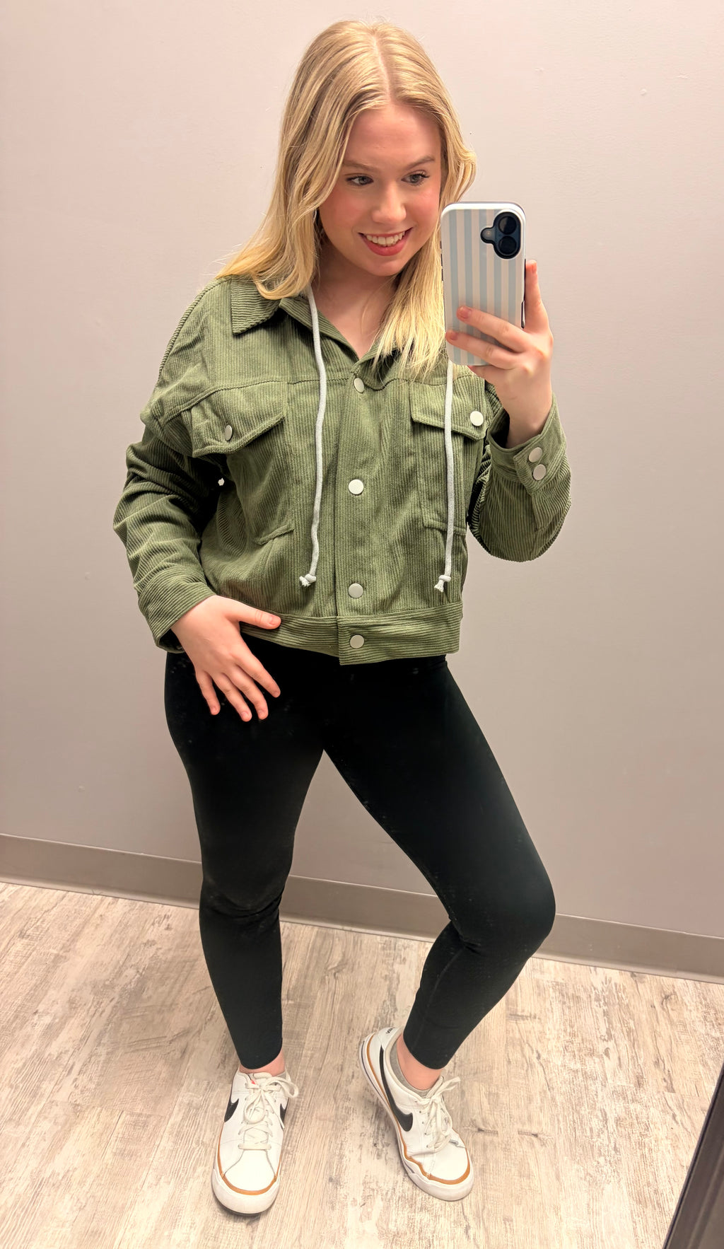 Olive Cropped Corduroy Jacket – Removable Hood