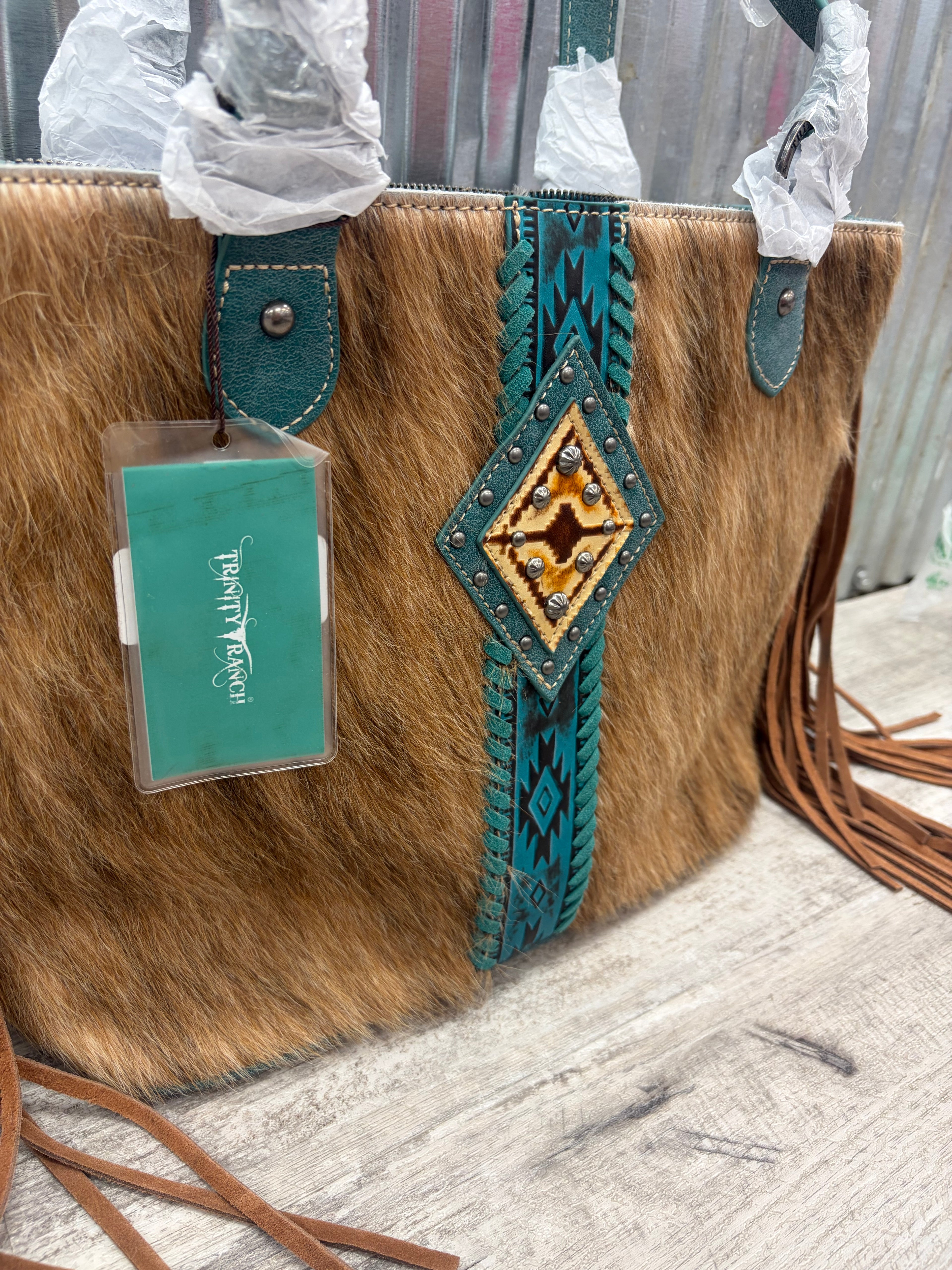 Teal Cowhide Tote with Fringe