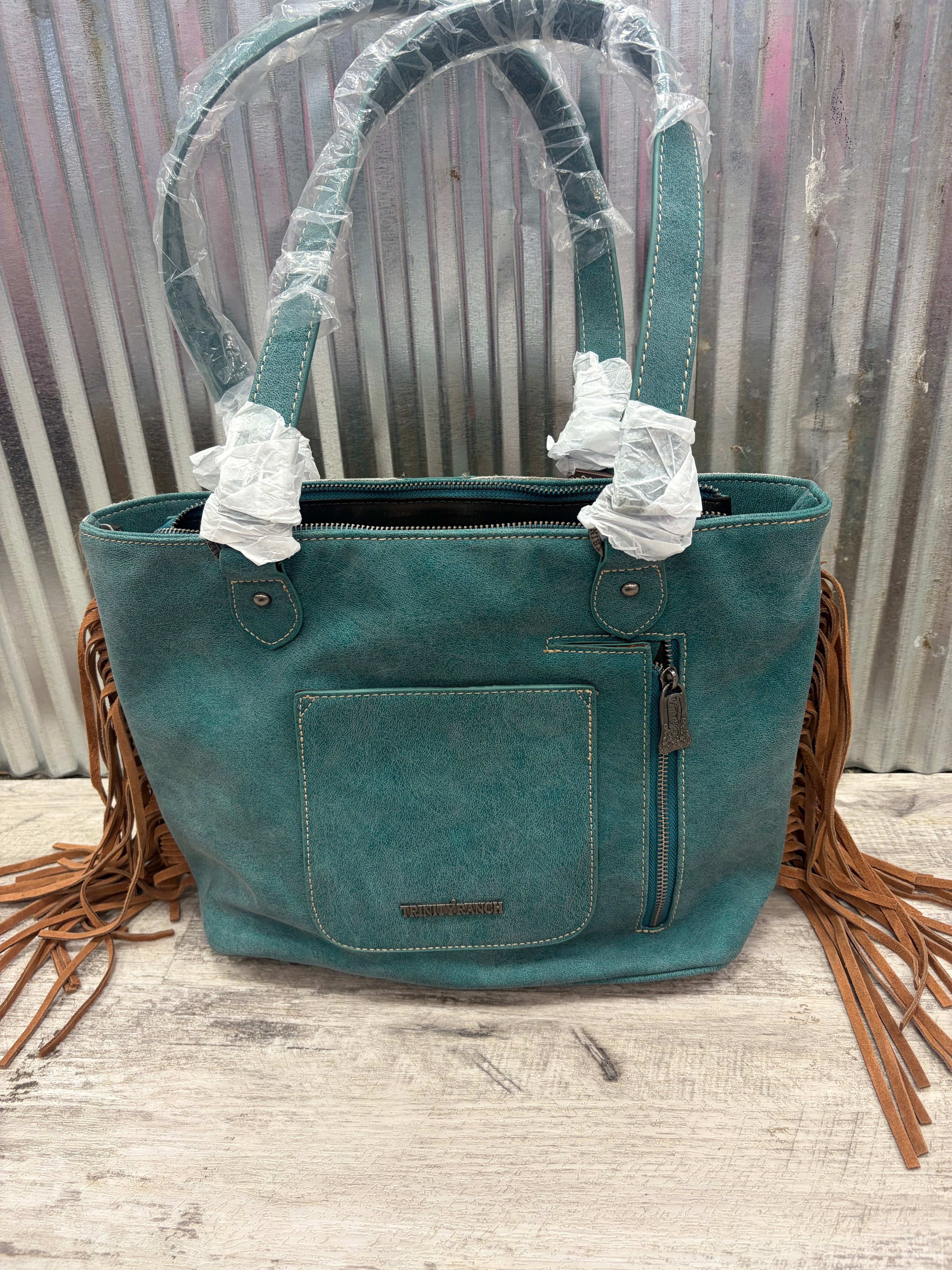 Teal Cowhide Tote with Fringe