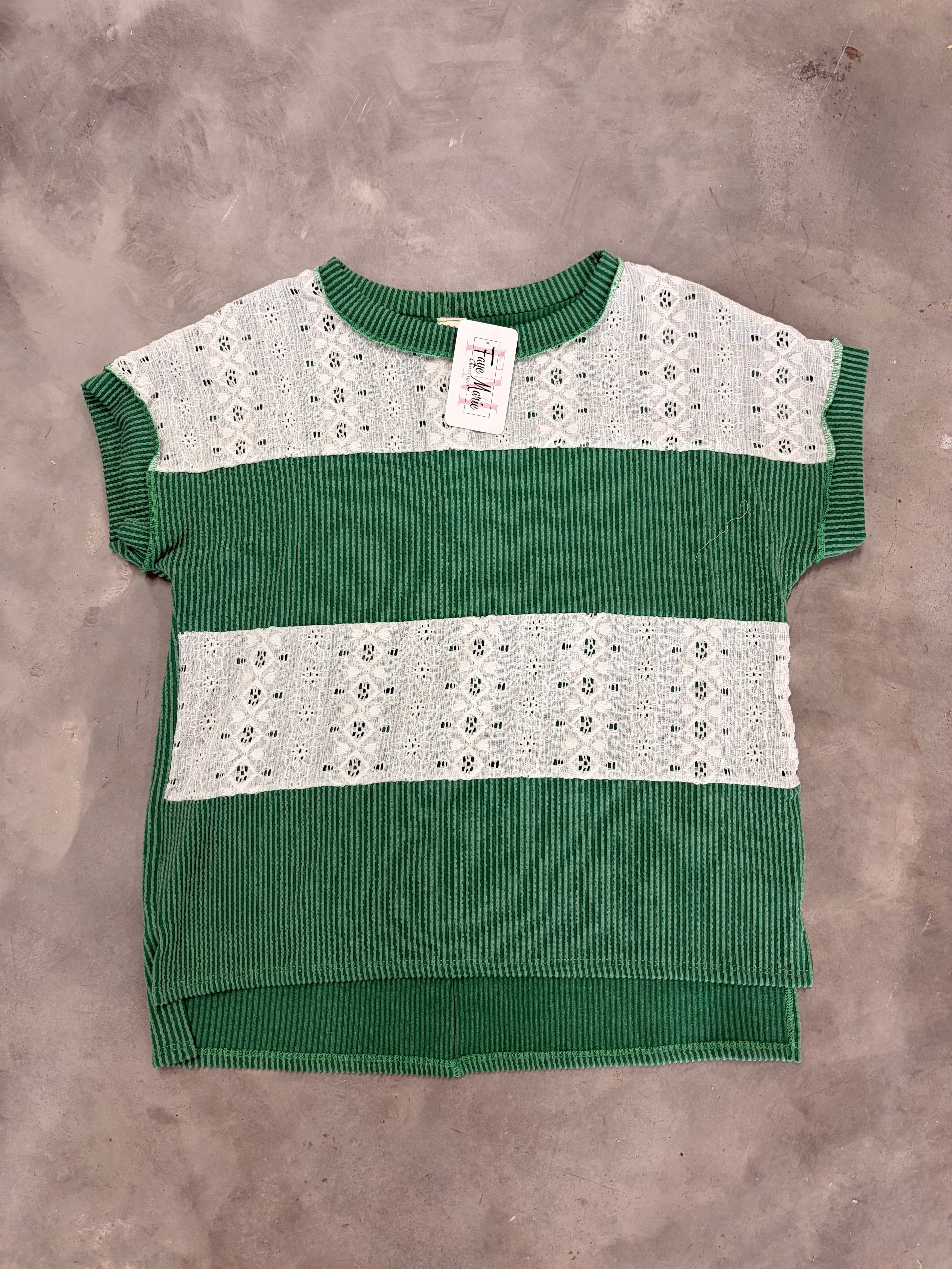 Green Ribbed Lace Top - Romantic & Feminine