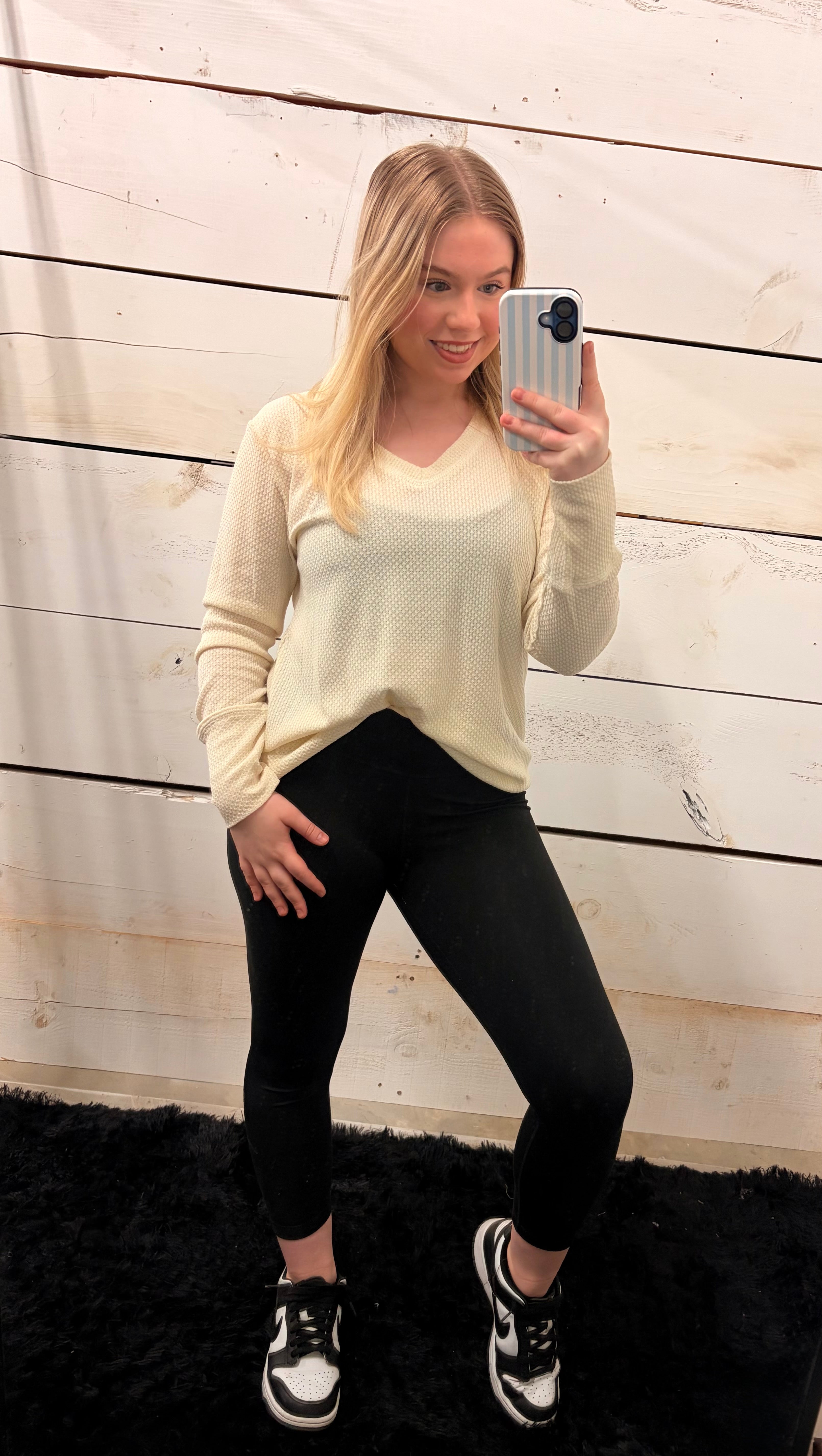 Cream Waffle Knit V-Neck Top - Cozy & Chic