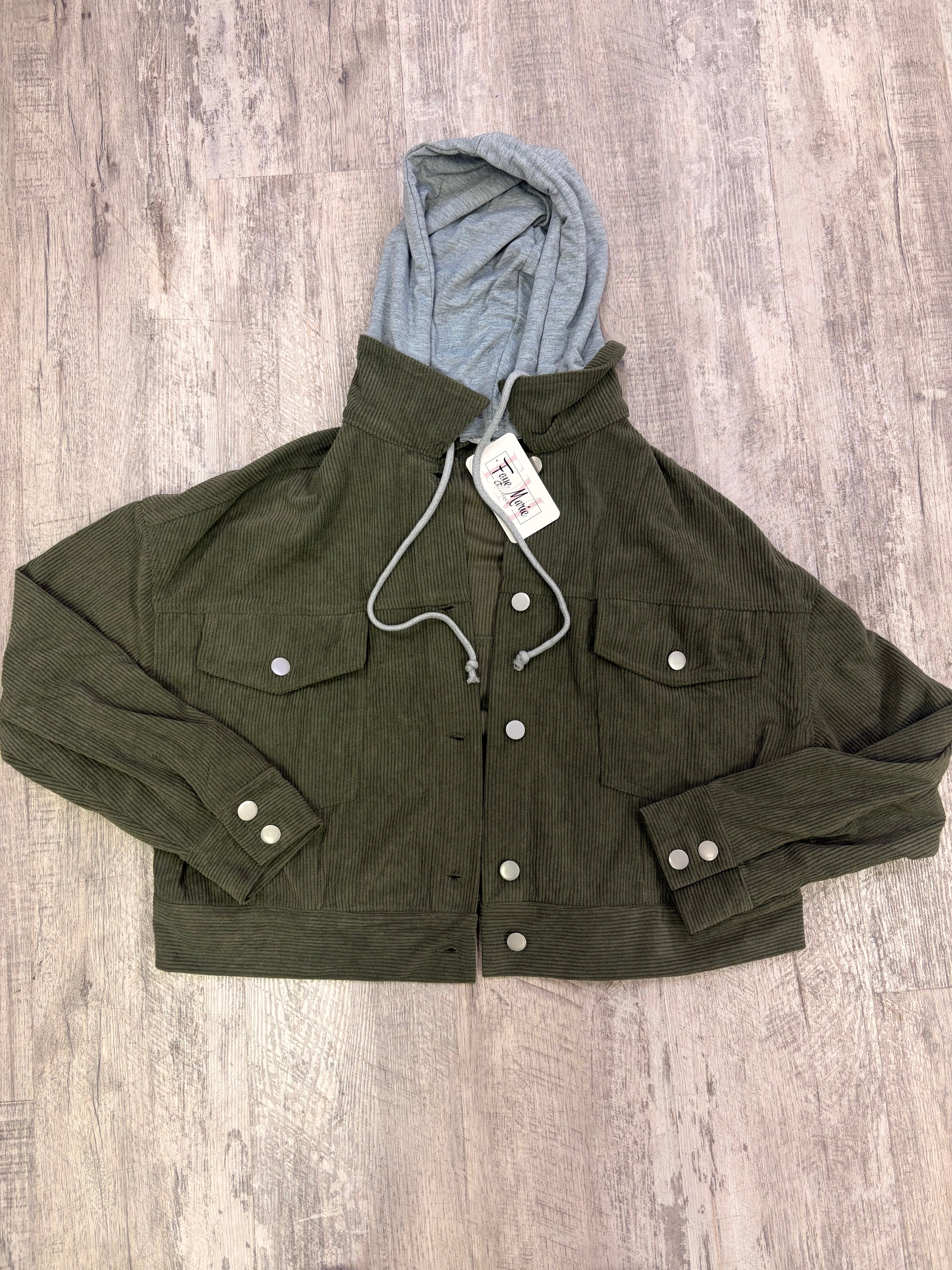 Olive Cropped Corduroy Jacket – Removable Hood