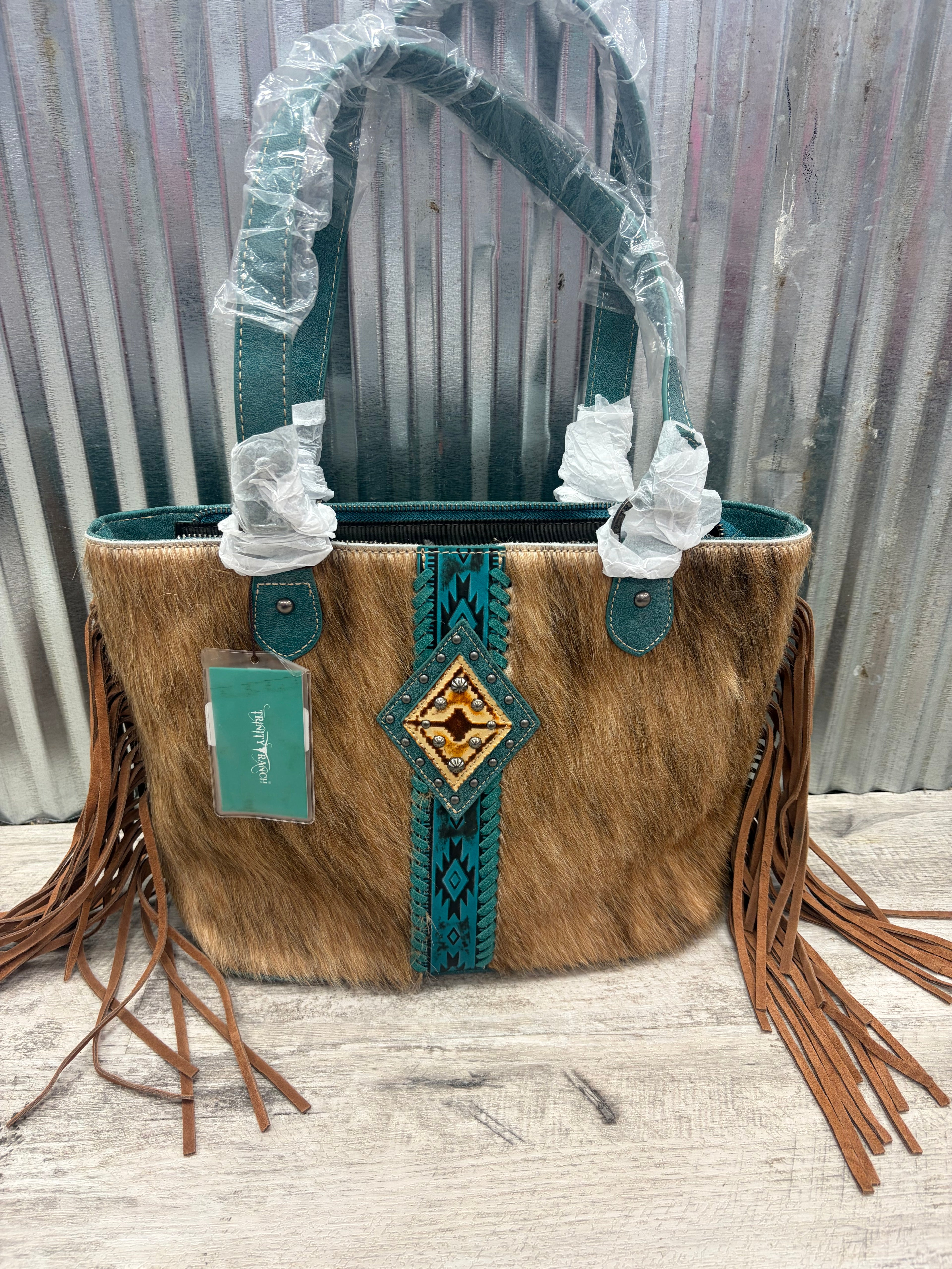 Teal Cowhide Tote with Fringe