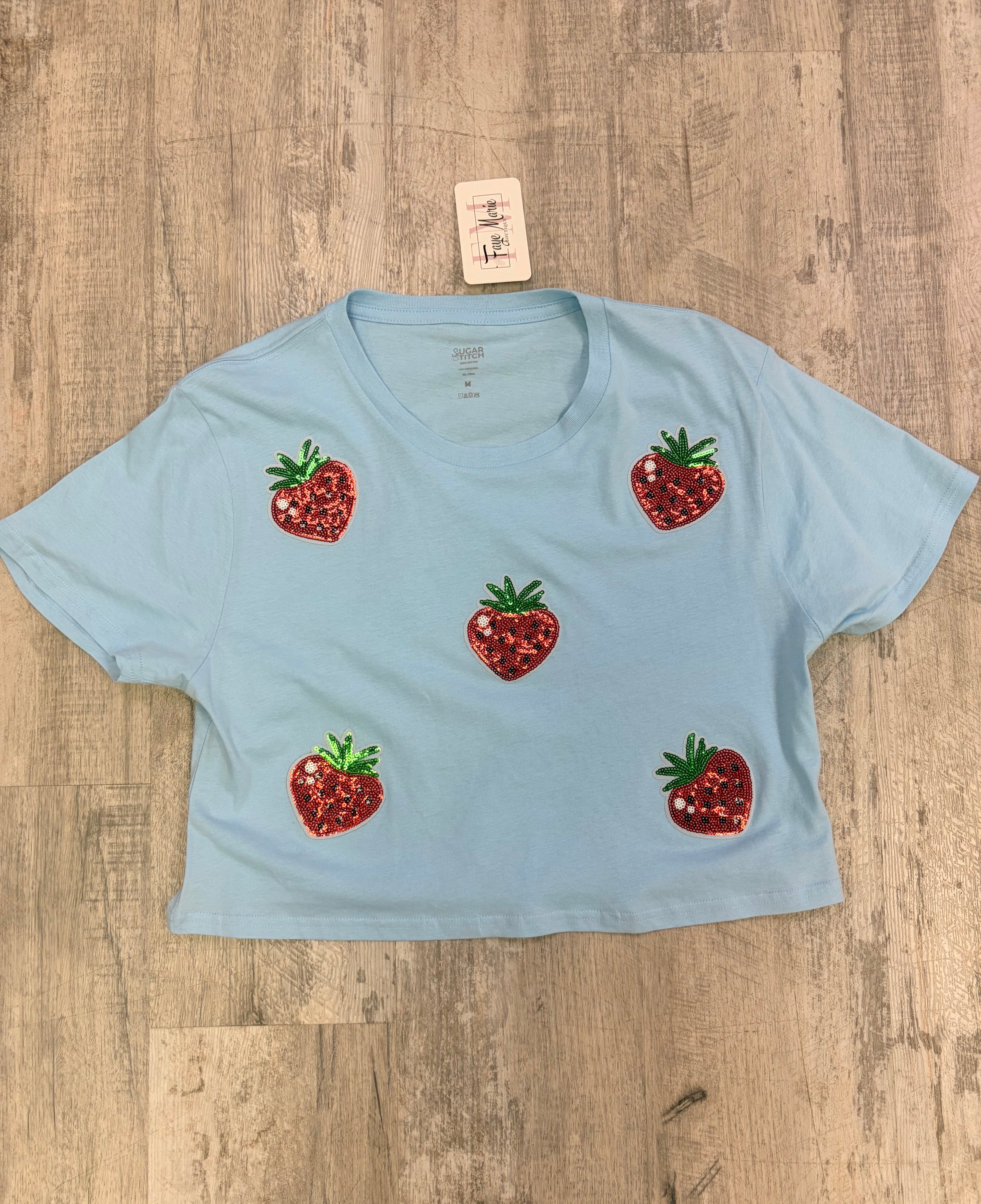 Sparkly Strawberry Light Blue Cropped Tee