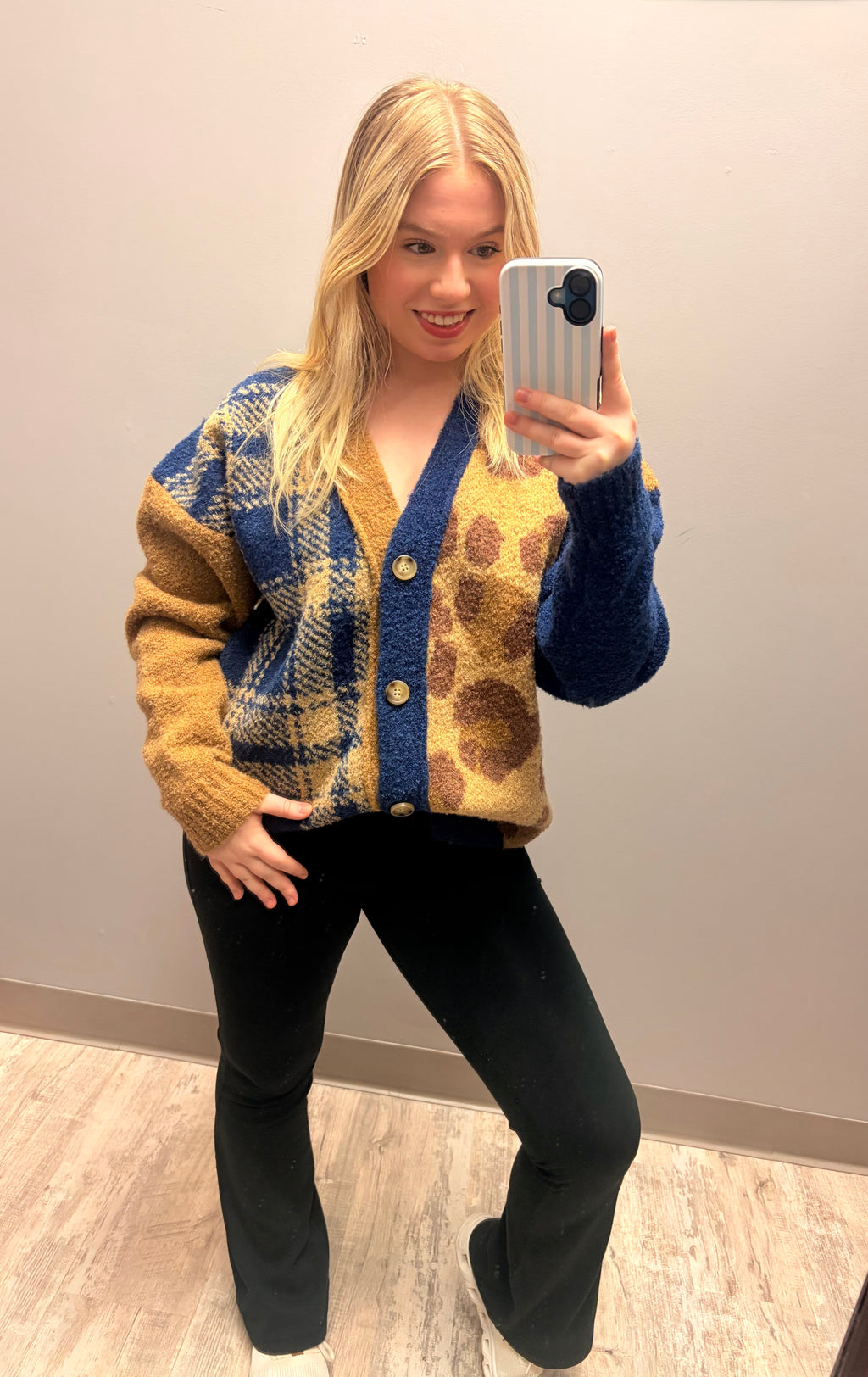 Patchwork Print Cozy Knit Button Cardigan