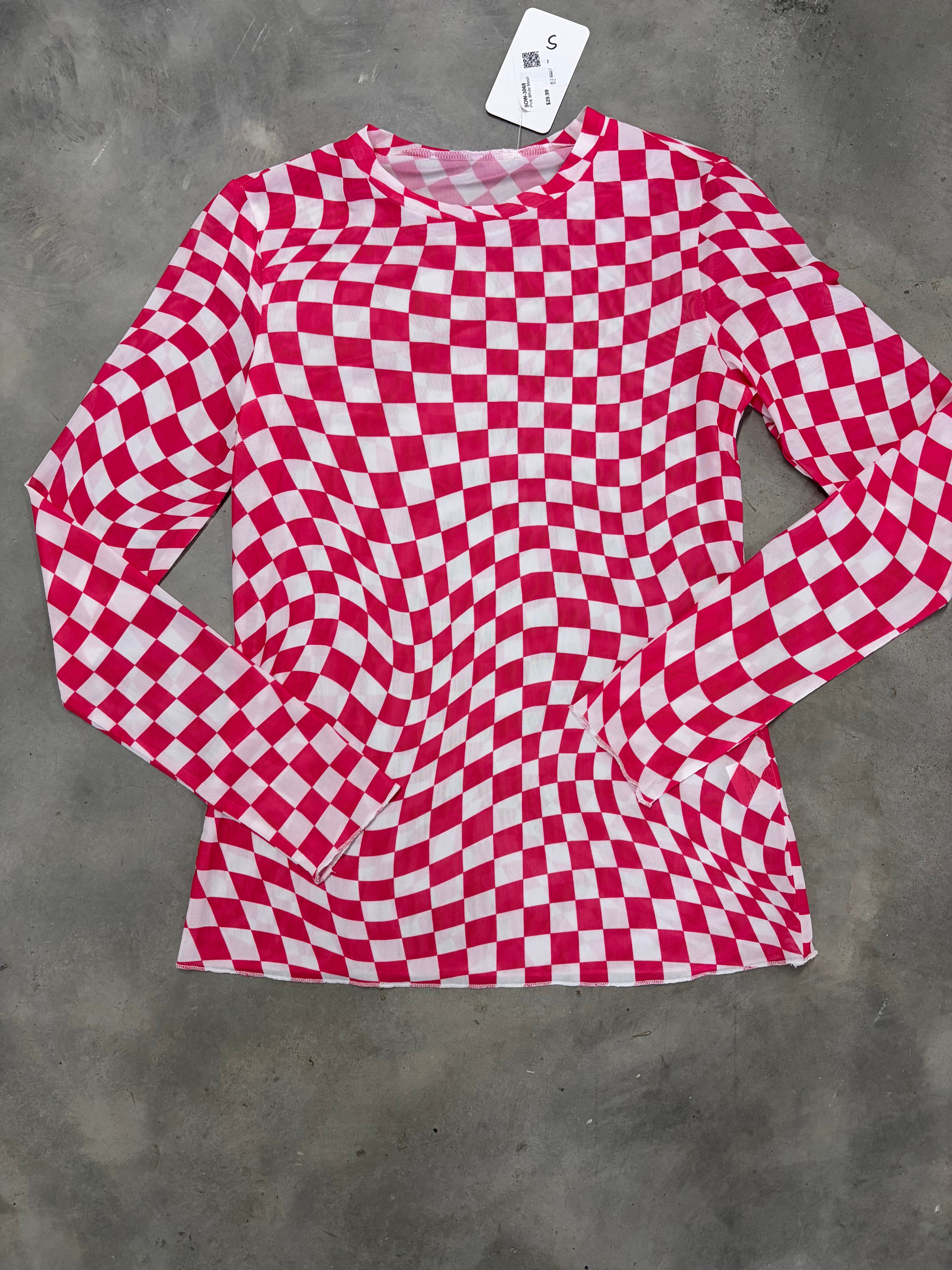 Pink and White Checkered Mesh Top