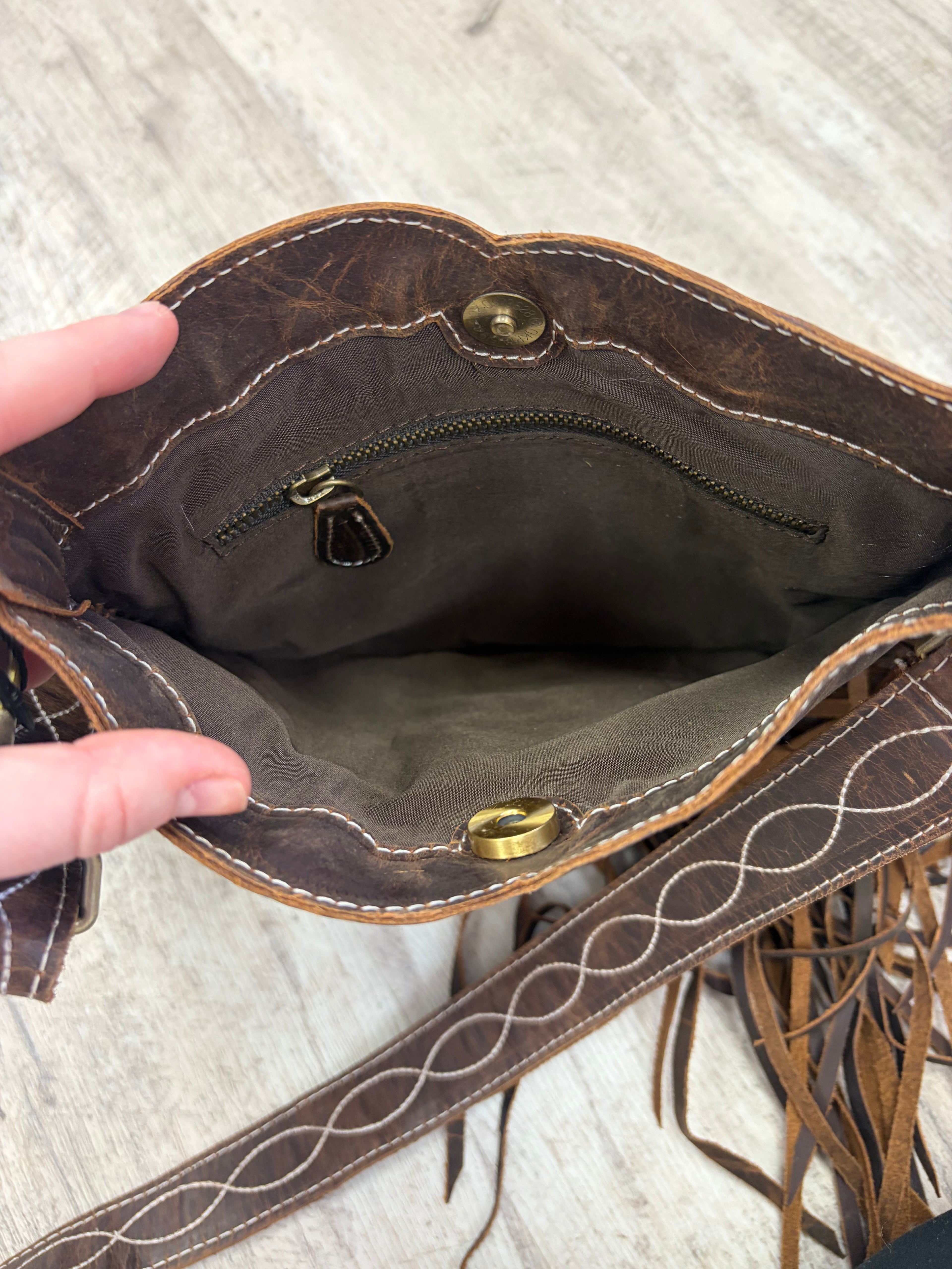 Genuine Leather Fringe Detail Crossbody Purse