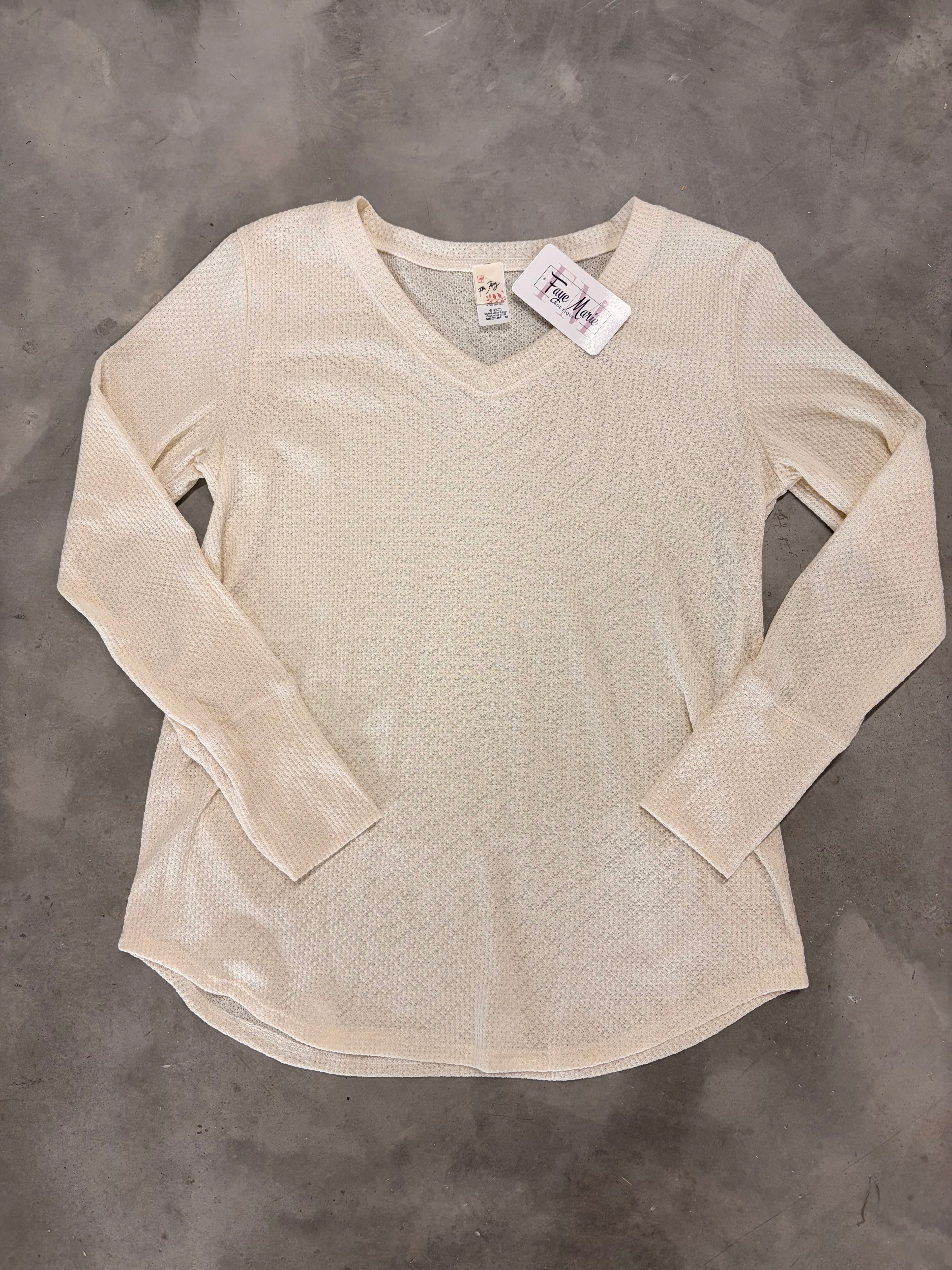 Cream Waffle Knit V-Neck Top - Cozy & Chic