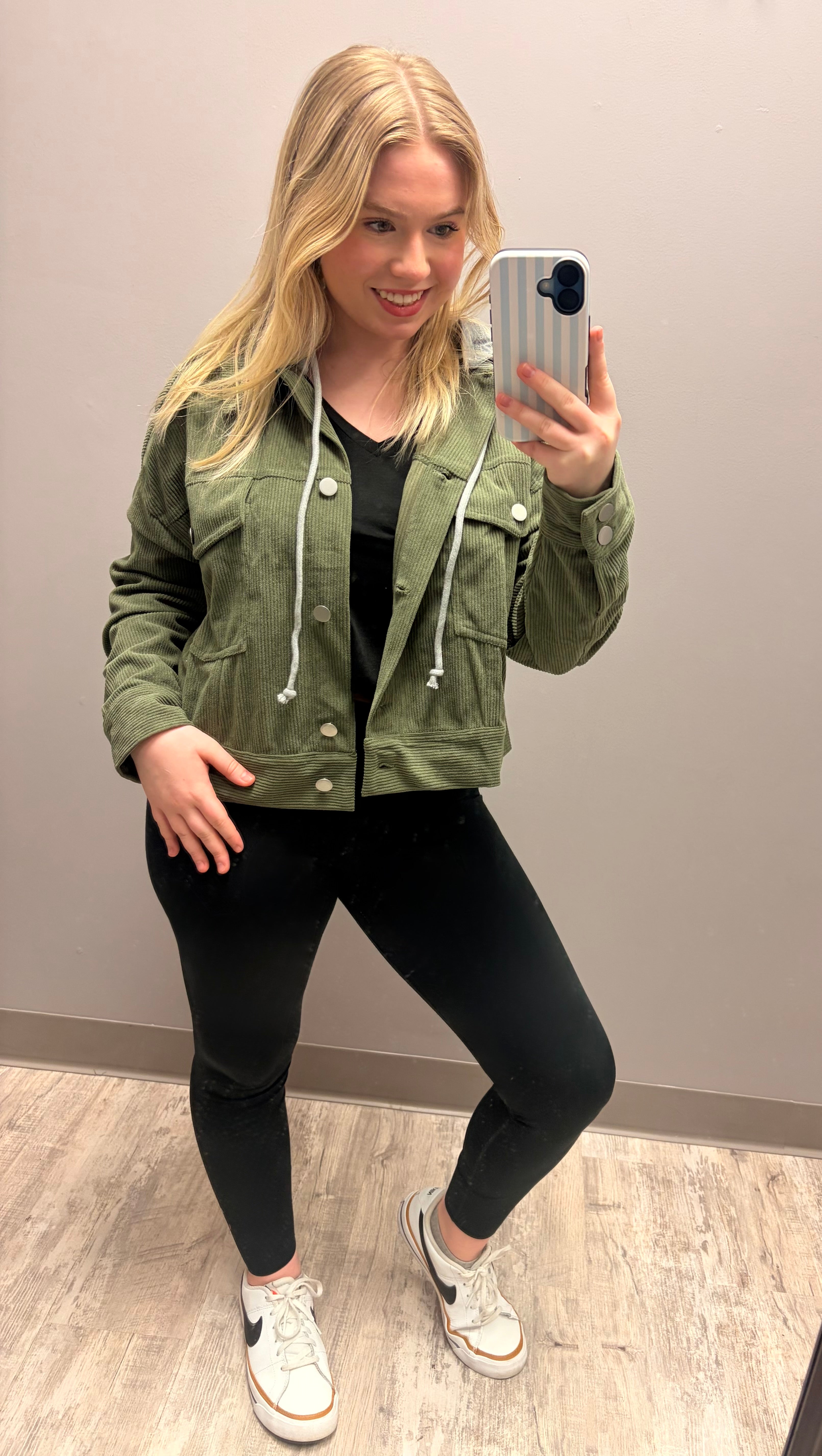 Olive Cropped Corduroy Jacket – Removable Hood