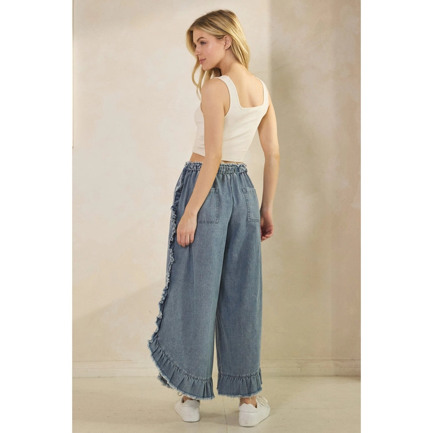 Frayed Ruffle Hem Wide-Leg Denim Pants