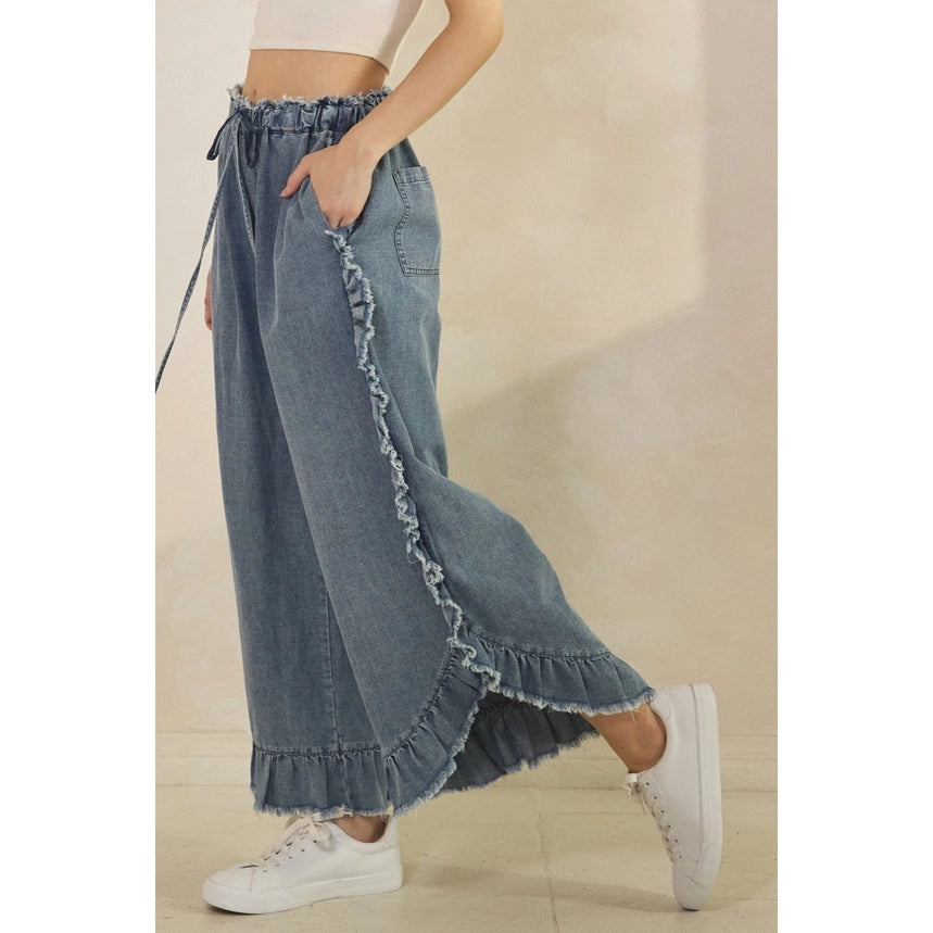 Frayed Ruffle Hem Wide-Leg Denim Pants