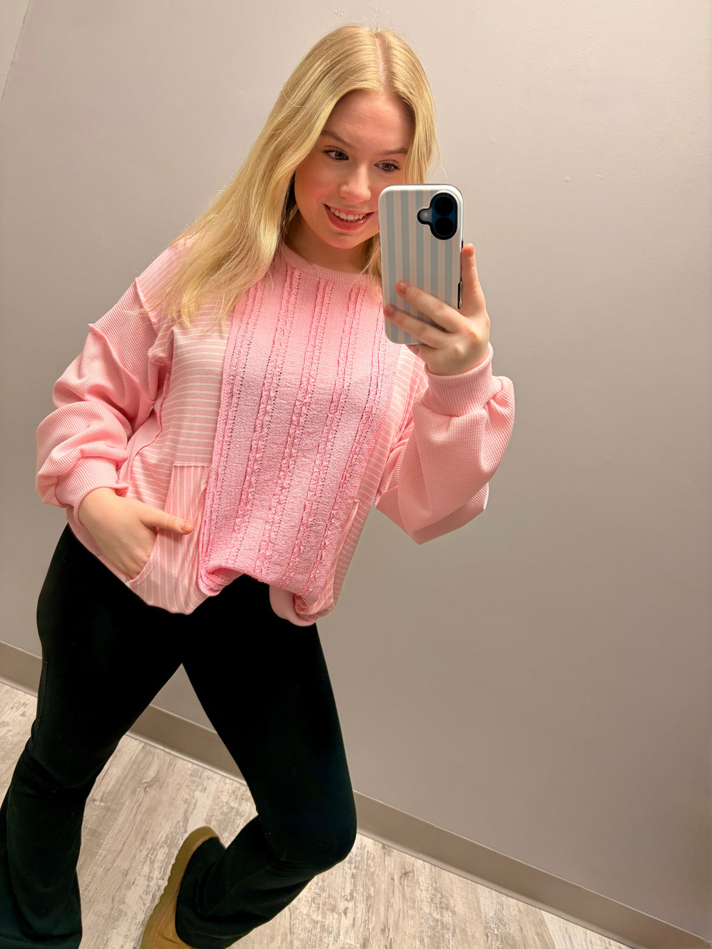 Pink Textured Stripe Pocket Top