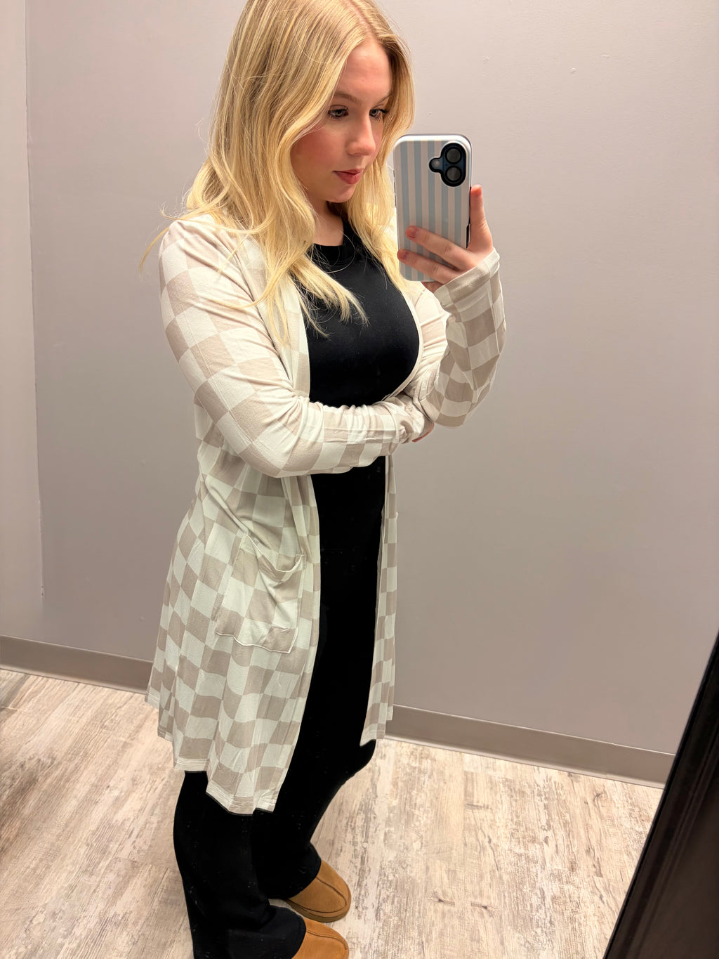 Cream Checkered Lightweight Cardigan with Pockets