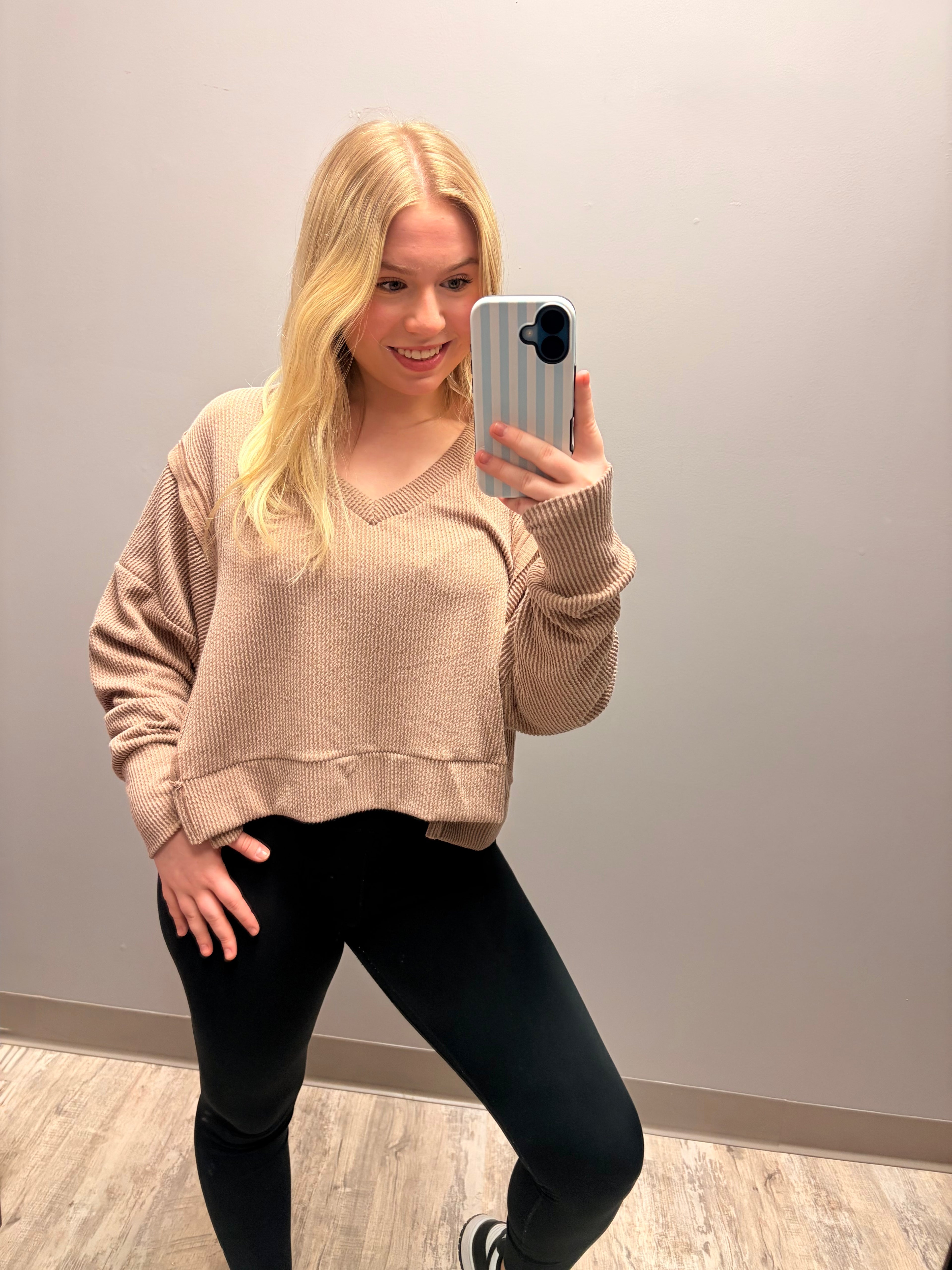 Ribbed V-Neck Long Sleeve Top