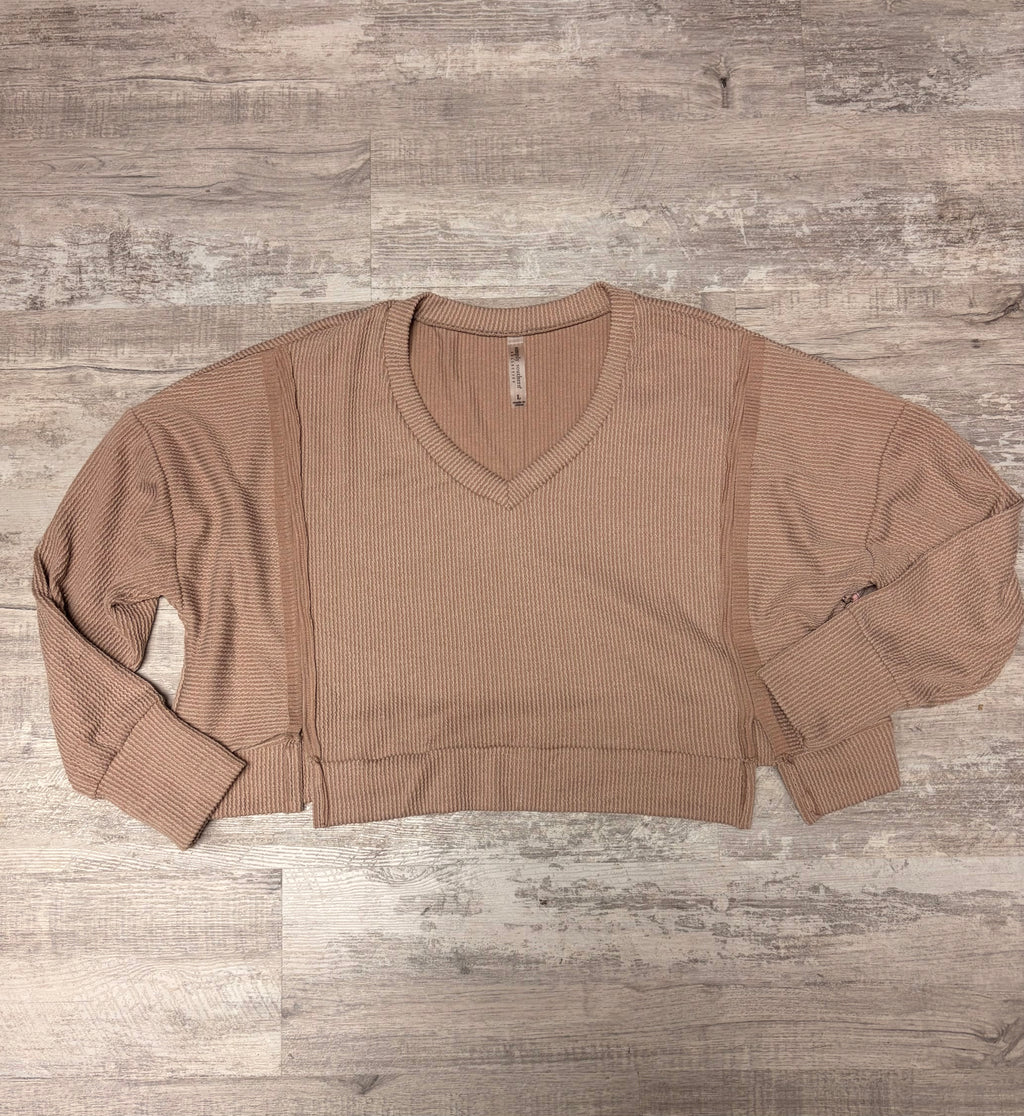Ribbed V-Neck Long Sleeve Top