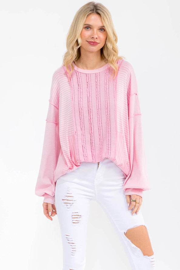 Pink Textured Stripe Pocket Top