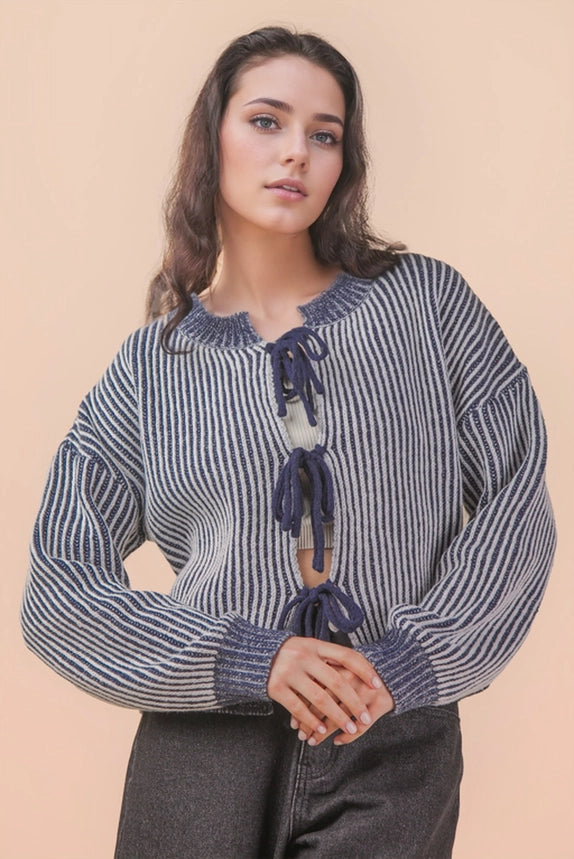 Navy Tie Front Cozy Sweater - Effortless Cozy Style